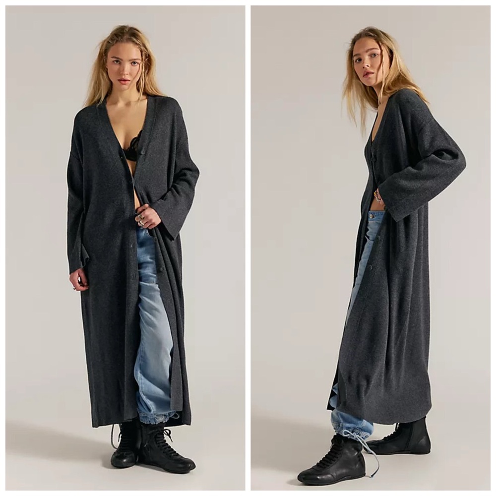 Free People We The Free Side Note Maxi Cardi Wool Blend Long Length Medium Gray‎